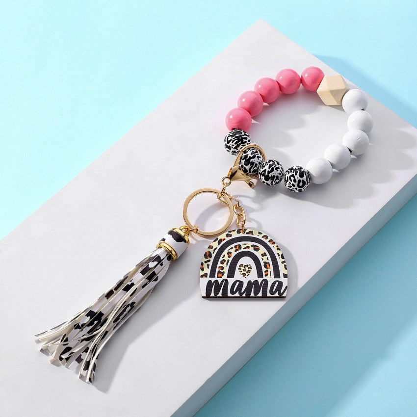Wholesale Rainbow Mama Tassel Leopard Print Silicone Beaded Wrist Keychain
